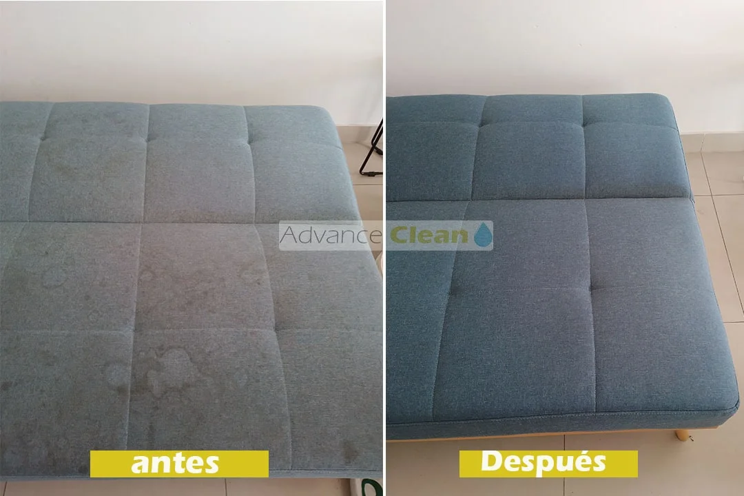 Sillon azul sucio y después limpio